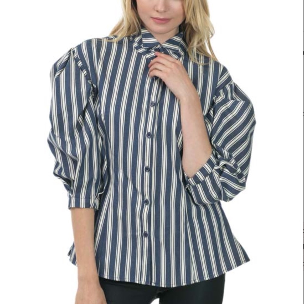 NEW- Bishop Sleeve Navy & White  stripe blouse- L